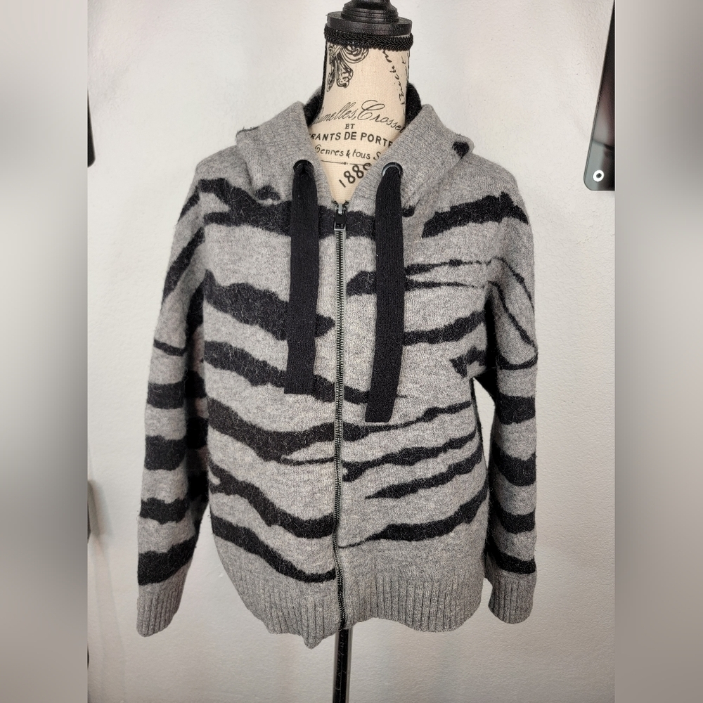 Zadig and Voltaire L/XL Lennox Hooded Sweater Zip Animal Print Wool Alpaca